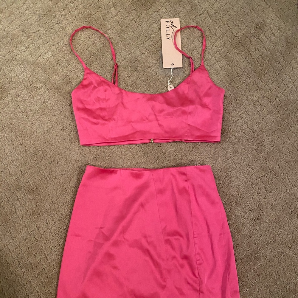 Pink satin tank and skirt set